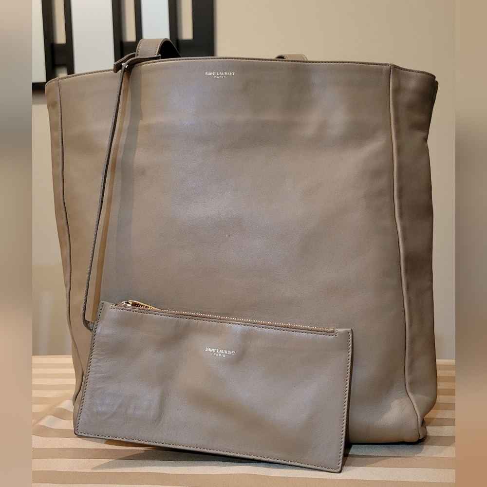Saint Laurent Taupe Leather Tote and Pouch